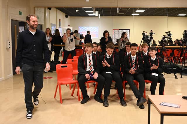 The Three Lions boss visited Lawnswood School for a mock press conference. Image: Roger V Moody