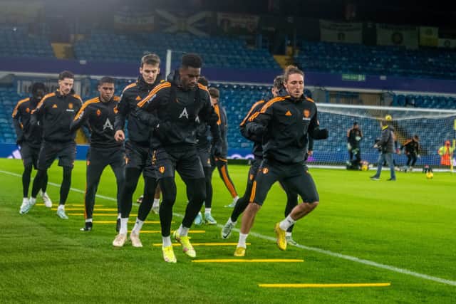 TRIPLE BOOST: As Junior Firpo, front left, Diego Llorente, second left, and Robin Koch, fourth left, all train at Elland Road to help raise money for the Mission Christmas Cash For Kids appeal. Picture by James Hardisty.