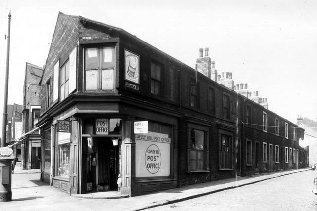 On the left of this view is Copley Hill Post Office on Wellington Road in June 1959. Moving right, three large windows look onto Malcolm Street with back-to-back houses following to the right edge.