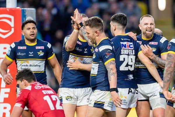 Leeds' opening try, scored by Richie Myler, third from left, was a highlight of Rhinos' performance against Salford last week, but coach Rohan Smith says they have to play better for longer. Picture by Allan McKenzie/SWpix.com.