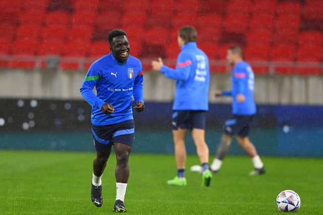 BUDAPEST, HUNGARY - SEPTEMBER 25: Wilfried Gnonto of Italy in action during Italy training session on September 25, 2022 in Budapest, Hungary. (Photo by Claudio Villa/Getty Images)