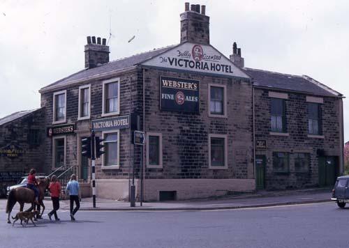 Victoria Hotel at Drighlington Crosswords on the corner of King Street (left) and Whitehall Road in August 1969. The pub is serving Webster's ales. The building is now occupied by the Prashad Indian Vegetarian restaurant.