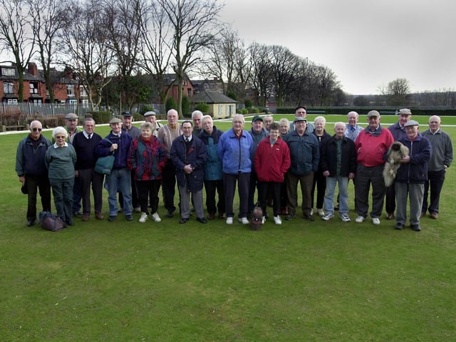 Beeston pensioners on the green they are not allowed to play on at Cross Flatts Park in February 2002.