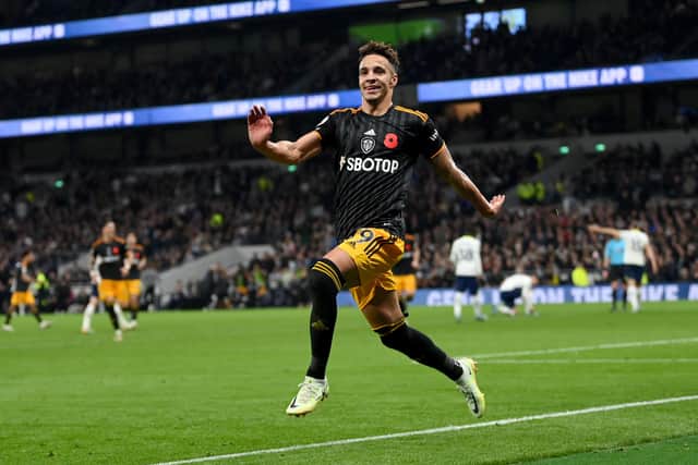 LONDON, ENGLAND - NOVEMBER 12: Rodrigo Moreno of Leeds United celebrates after scoring their team's third goal during the Premier League match between Tottenham Hotspur and Leeds United at Tottenham Hotspur Stadium on November 12, 2022 in London, England. (Photo by Justin Setterfield/Getty Images)