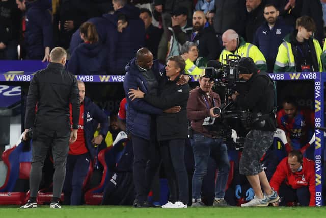 LONDON, ENGLAND - APRIL 25: Patrick Vieira, Manager of Crystal Palace and Jesse Marsch, Manager of Leeds United embrace at full-time after the Premier League match between Crystal Palace and Leeds United at Selhurst Park on April 25, 2022 in London, England. (Photo by Julian Finney/Getty Images)