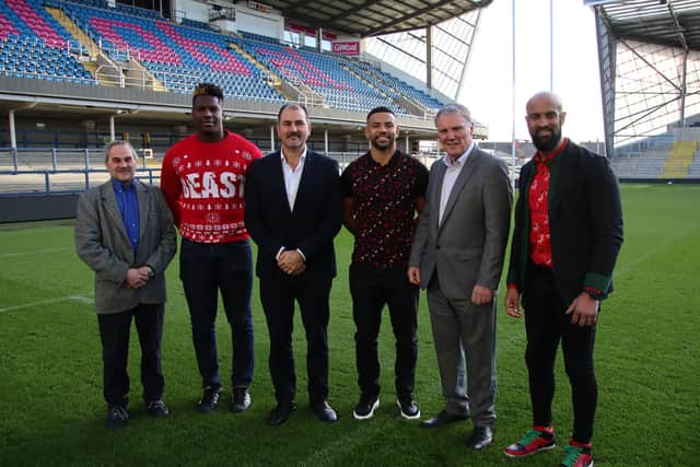 Middle East Africa regional development manager Remond Safi, third from left, at Headingley with (from left) Rhinos foundation chairman Phil Caplan, African-born players Justin Sangare and Kruise Leeming, Rhinos chief executive Gary Hetherington and club head of culture, diversity and inclusivity Jamie Jones-Buchanan.