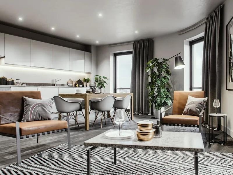 The three-bedroom flats have a large open plan living/dining/kitchen area with lots of natural light. Developers promise "extraordinary architecture, modern high-spec interiors and a prime location".