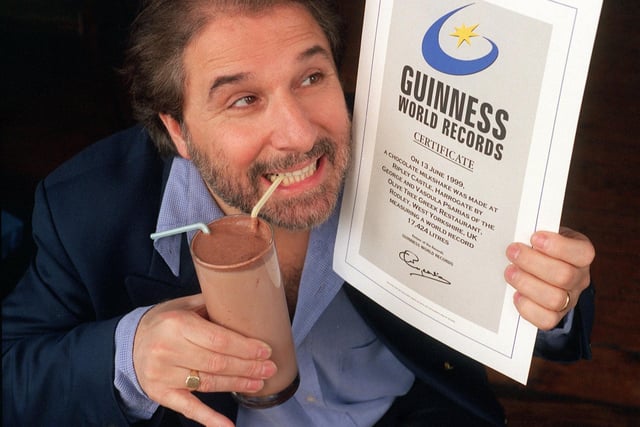 George Psarias, owner of the Olive Tree Greek Restaurant in Rodley, is pictured with his Guinness World Records certificate for a giant milk shake.