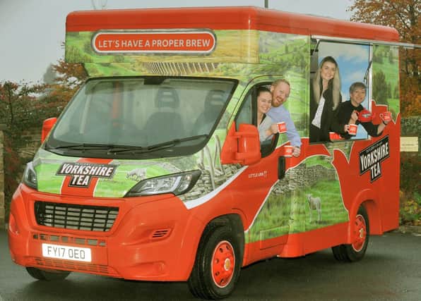 Yorkshire Tea staff in the Little Urn vehicle