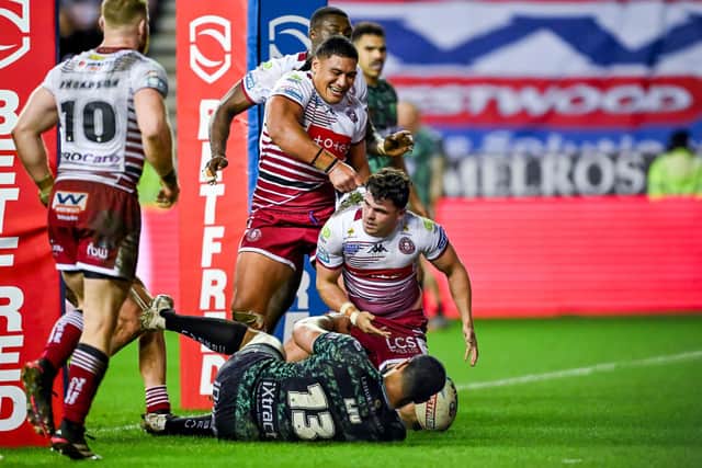 Tom Forber celebrates scoring for Wigan Warriors against Leigh Leopards last month. Picture by Bruce Rollinson/SWpix.com.
