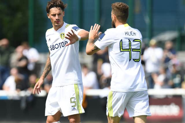 Mateusz Klich of Leeds United celebrates scoring with Robin Koch of Leeds United during the Pre-Season Friendly match between Leeds United and Real Betis at Loughborough University (Photo by Tony Marshall/Getty Images)