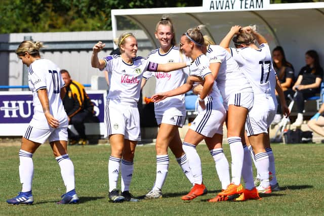 Leeds United celebrate Olivia Smart's goal during the Whites' 1-0 Division One North victory over Hull City.