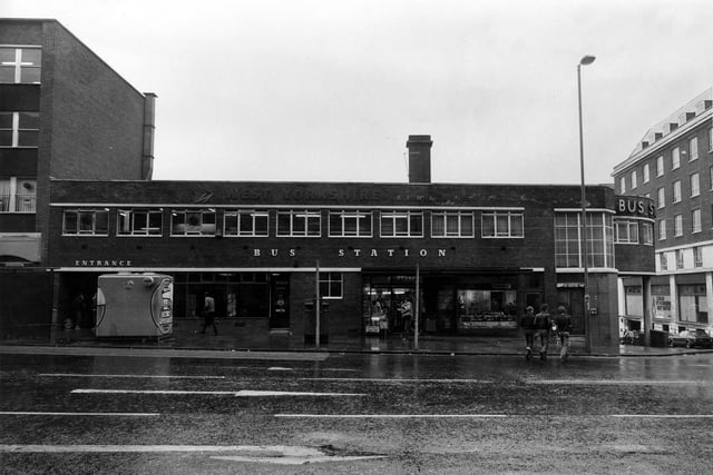 The bus station on Vicar Lane pictured in October 1980. It was operated by West Yorkshire Road Car Company Ltd. The station opened in 1936/37 and closed in March 1990 when all bus services were transferred to the Central Bus Station. Part of the premises is occupied by Buckle's newsagents. The junction with Lady Lane can be seen on the right.