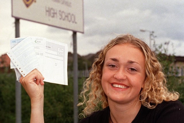 Joanna Hartley was celebrating five grade As  and entry to Oxford University outside her school Corpus Christi on Halton Moor. She became the first student to attend Oxford from the school.