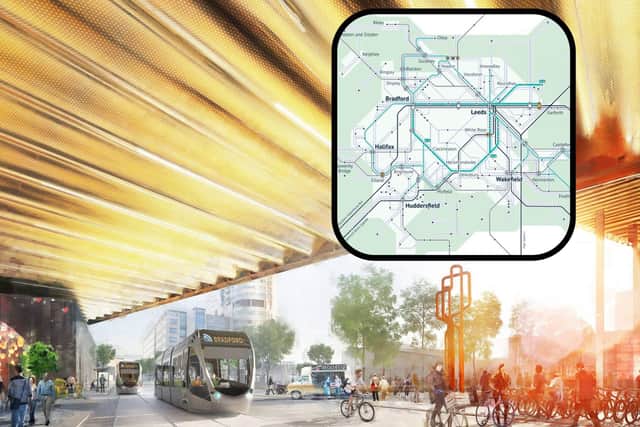 A concept image showing what West Yorkshire's planned mass transit system could look like and, inset, a mass transit map of the region with stops on. Pictures: WYCA.