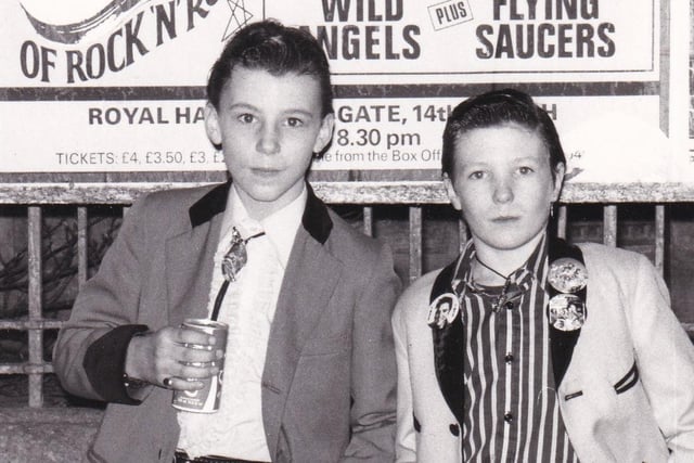 It was a night to remember for these two 12 year-old boys in March 1979 - Bill Haley was in town. Pictured are Philip Palmer and Carl McCourt  who donned their specially made drapes and headed for Harrogate to see the veteran rock and roll star who wowed their dads 25 years ago - and who made his first comeback before they were born!