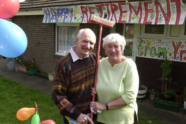 Caretakers Peter and Linda Robinson were retiring from working at Ashfield Primary School in April 2003. They are pictured their house which was decorated by pupils.