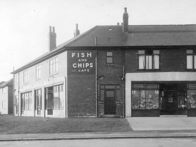 A parade of shops on the corner of Potternewton Road and Scott Hall Road in February 1931. In view is a grocers shop owned by Fred Dawson who also owns a fish and chip shop to the left.