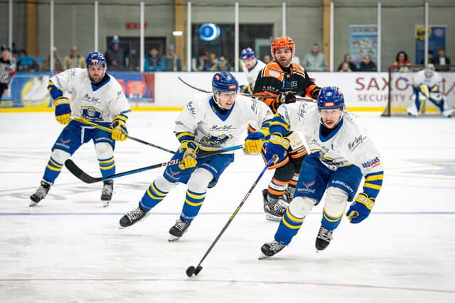 ON TARGET: Jordan Buesa (left) Fin Bradon and Kieran Brown have all scored against Telford Tigers in the 2024-25 regular season. Picture: Ben Gordon/Knights Media.