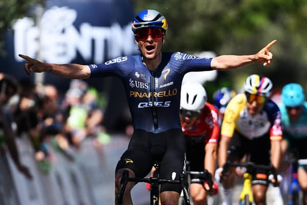 Tom Pidcock celebrates winning a stage of the Tour of the Alps earlier this yead (Picture: Tim de Waele/Getty Images)