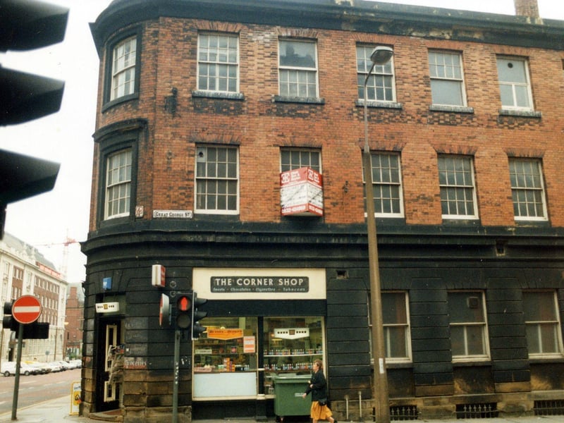 The Corner Shop, a newsagents on Cookridge Street at the junction with Great George Street. Pictured in April 1990.