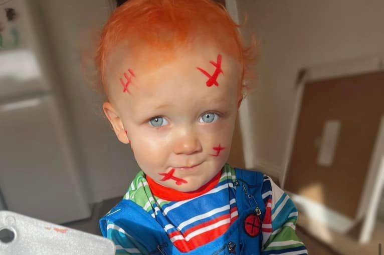 Kirsten Elsom said: "Vinny aged one and a half dressed as as Chucky ."