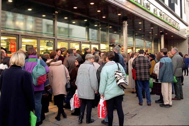 Shoppers queue to get the best bargains at M&S on Briggate on Boxing Day in December  1995.