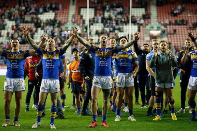 Leeds Rhinos players celebrate their Super League semi-final win at Wigan Warriors four years ago. They haven't beaten top-flight opposition in a knockout tie since then. Picture by Ed Sykes/SWpix.com.