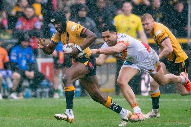Castleford Tigers will face Hull without forward Jeremiah Simbiken after he was injured against Catalans Dragons last week. Picture by Allan McKenzie/SWpix.com.
