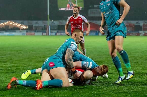Kane Linnett was among the try scorers when Hull KR beat Rhinos in March, pictured, but misses this weekend's rematch through concussion. Picture by Allan McKenzie/SWpix.com.