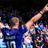 Castleford Tigers signing Jimmy Beckett celebrates Featherstone Rovers' 1895 Cup semi-final win at Oldham last May. Picture by Olly Hassell/SWpix.com.