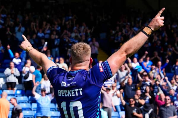 Castleford Tigers signing Jimmy Beckett celebrates Featherstone Rovers' 1895 Cup semi-final win at Oldham last May. Picture by Olly Hassell/SWpix.com.