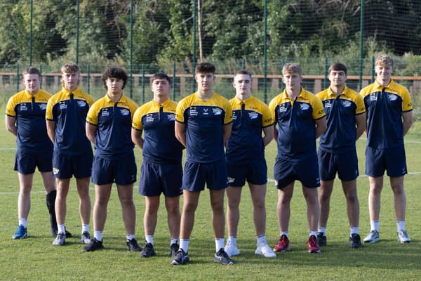 Among the players stepping up to Leeds Rhinos' academy from the under-16s scholarship are (left to right): Hughie Tinkler, Will Wilkinson, Dacx Jones-Buchanan, Harvey Butterworth, Jacob Hardy, Tom Richardson, Zak Lloyd, Logan Staveley-Carr, Daniel Stelfox. Picture by Dan Hawkhead/Leeds Rhinos.