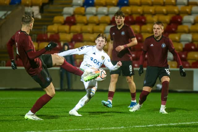RESPONSE: From Leeds United under-21s attacker Sean McGurk, centre, in Thursday night's Premier League International Cup clash against Sparta Prague's under-21s at the LNER Community Stadium in York. Picture by LUFC