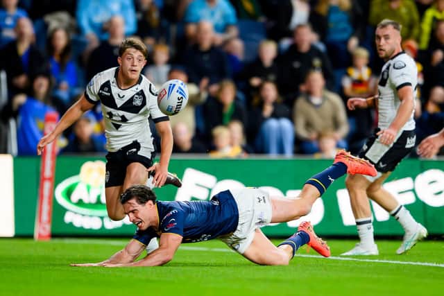 Brodie Croft is narrowly unable to touch down for a try against Hull FC. He says Leeds Rhinos need to ice their chances against Warrington Wolves on Friday. Picture by Allan McKenzie/SWpix.com.