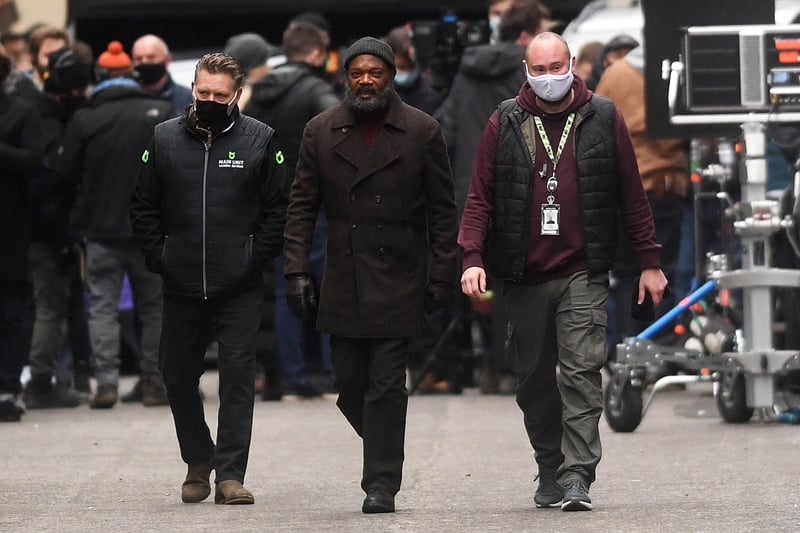 The Filming of the Secret Invasion by Disney in Leeds city centre in January 2022. Actor Samuel L Jackson is pictured on the film set.