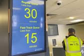 Screens showing estimated security queue times. Picture: Leeds Bradford Airport
