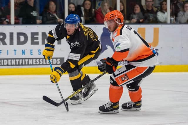 GRAND START: Cole Shudra fires over during last Saturday's 7-4 win for Leeds Knights against NIHL National rivals and defending regular season league champions, Telford Tigers. Picture courtesy of Oliver Portamento.
