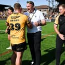 Director of rugby Chris Chester, left and coach Ryan Carr celebrate with players Jack Brown and Phoenix Laulu-Togaga'e following Castleford Tigers' win against Leeds Rhinos. A month and two days later, Carr is no longer at the club. Picture by Matthew Merrick/SWpix.com