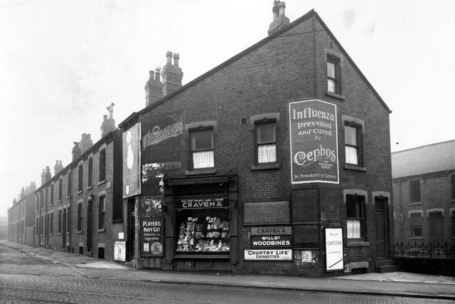 Stanningley Road is the main cobbled road with tramlines pictured in January 1939. On the left is South End Mount, the shop, selling sweets and tobacco is number 2A, run by Susanna Reddyhoft.