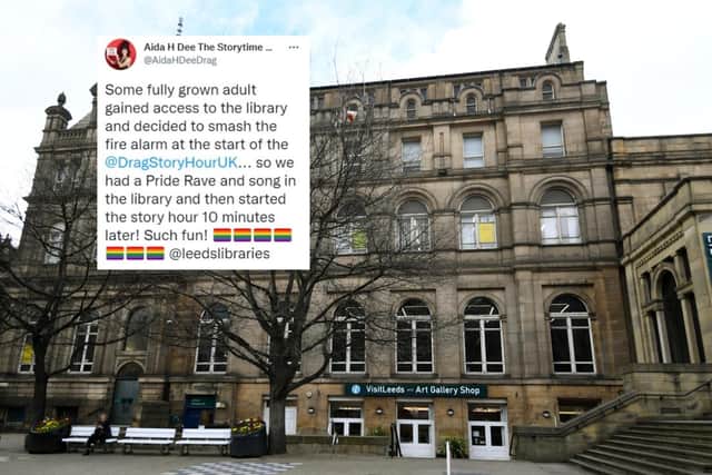 Drag artist Aida H Dee tweets about the incident at Leeds Central Library.