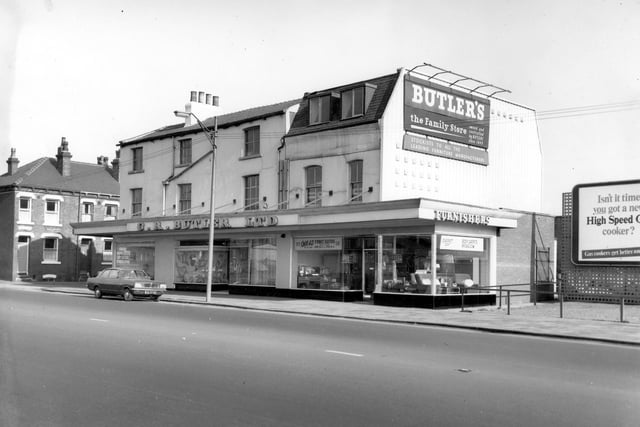 Humane Place is on the left edge of this view followed to the right by C. R. Butler Ltd, house furnishers. A sign on the wall states that the business has been owned and controlled by Butlers since 1849. Pictured in March 1968.
