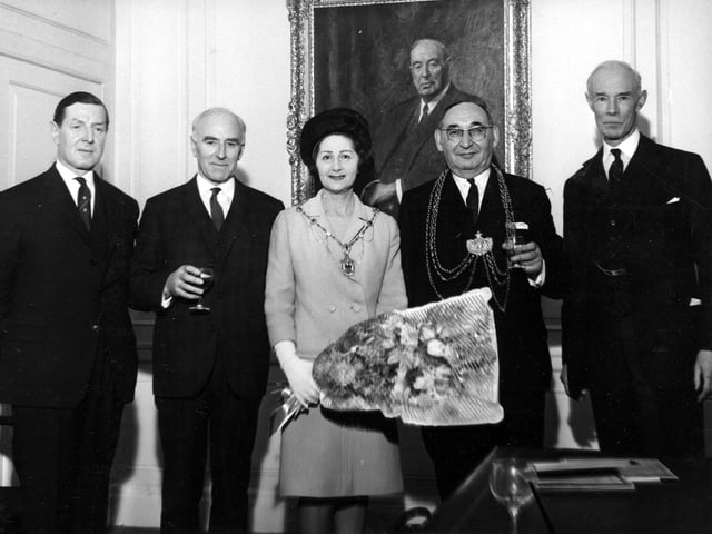 Alderman J.S. Walsh, Lord Mayor of Leeds, and Mayoress attending the official opening of the new office of the Westminster Bank on Park Row in January 1967. The new building occupied the site of the former Beckett's Bank, which opened on June 3, 1867;this merged with Westminster in 1920 and continued on the site until being demolished around 1964. In 1968 the Westminster merged with the District Bank and the National and Provincial Bank to form National Westminster Bank which occupies the building to this day.