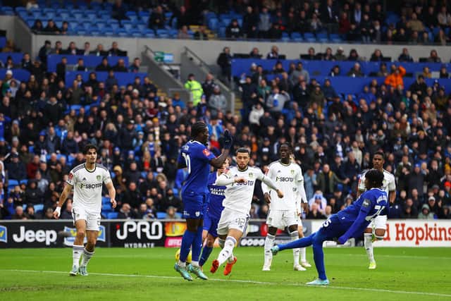 'SLEEPING': Leeds United fall behind to a Jaden Philogene-Bidace strike at Cardiff City. Photo by Michael Steele/Getty Images.