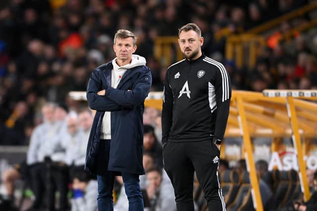 WOLVERHAMPTON, ENGLAND - NOVEMBER 09: Jesse Marsch, Manager of Leeds United looks on alongside assistant Rene Maric during the Carabao Cup Third Round match between Wolverhampton Wanderers and Leeds United at Molineux on November 09, 2022 in Wolverhampton, England. (Photo by Ross Kinnaird/Getty Images)