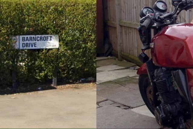 Barncroft Drive, where police found a number of stolen motorbikes in Joseph Thrush's home, and a stock image of a motorbike (Photo by Google/Kevin Brady/National World)