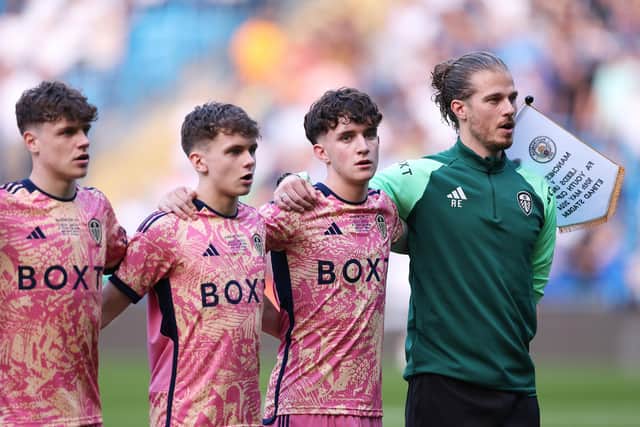 ALL TOGETHER: Leeds United under-18s boss Rob Etherington with his young players ahead of Friday night's FA Youth Cup final against Manchester City's under-18s at the Etihad. Photo by Naomi Baker/Getty Images.
