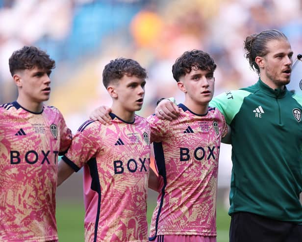 ALL TOGETHER: Leeds United under-18s boss Rob Etherington with his young players ahead of Friday night's FA Youth Cup final against Manchester City's under-18s at the Etihad. Photo by Naomi Baker/Getty Images.