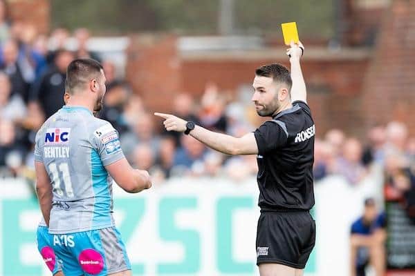 James Bentley is sin-binned against Castleford at the Jungle, one of 14 yellow cards shown to Rhinos players in 2022. Picture by Allan McKenzie/SWpix.com.