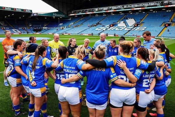 Rhinos' women huddle ahead of last season's Challenge Cup final at Elland Road. They are one game away from another appearance in the showpiece, this time at Wembley. Picture by Alex Whitehead/SWpix.com